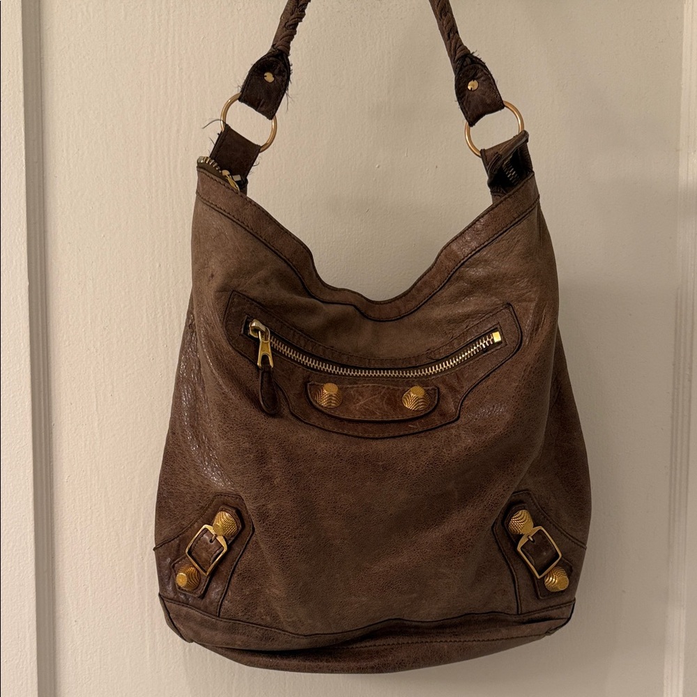 Balenciaga Brown Leather Hobo Day Bag with Gold Accents Hardware City Motorcycle